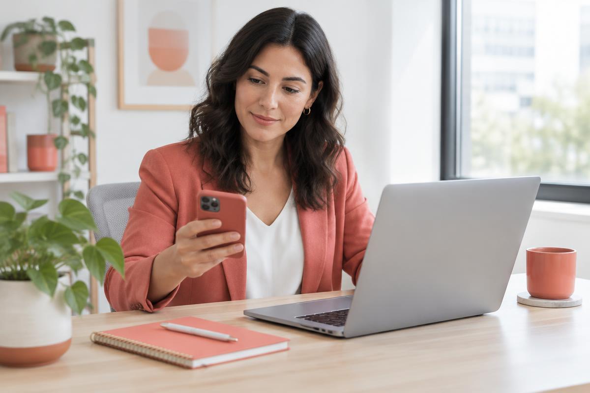 A small-business professional checking a phone beside an open laptop