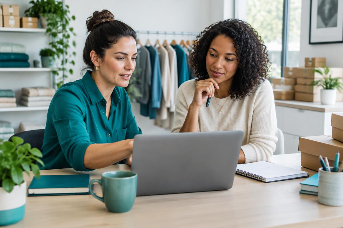 Two small-business colleagues reviewing customer work together at a laptop