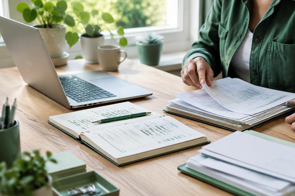 Customer paperwork and a notebook beside a small-business laptop